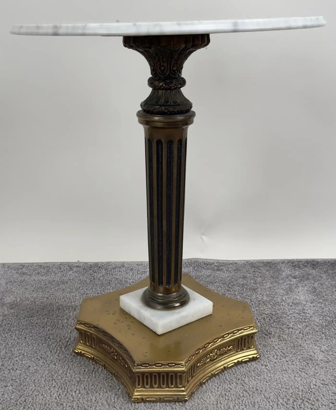 Italian Hollywood Regency Round Marble Brass & Bronze Base Wine Table or Stand gallery