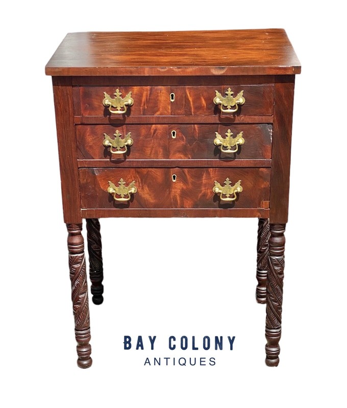 Antique Sheraton Mahogany Worktable / Sewing Stand with 3 Drawers & Carved Legs
