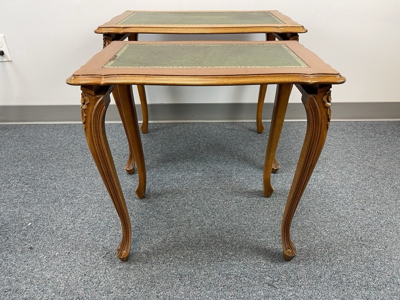 3 Nesting Elegant Rococo Side Tables England Green Leather Inlay Walnut Wood gallery