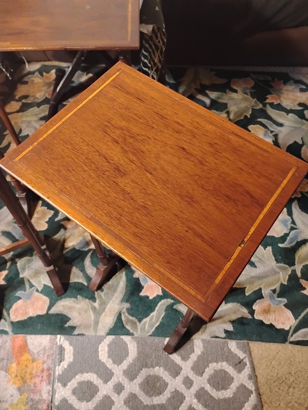 Antique Mahogany Inlaid Wood 3 Nesting Tables Orig Finish Lg Table 24"T 16"L 11" gallery