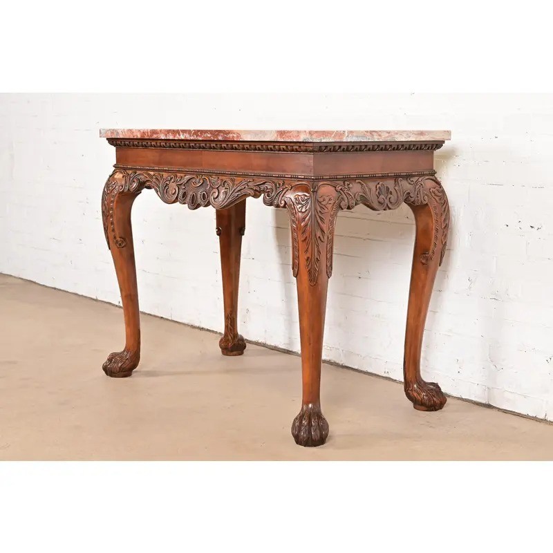 Baker Furniture Chippendale Carved Walnut and Marble Top Console Table