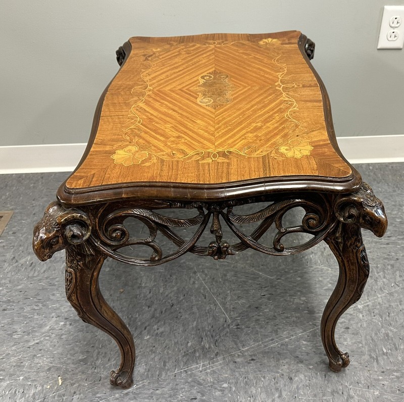 Antique French Figural Carved Walnut Satinwood Marquetry Inlay Low Table C1900 gallery