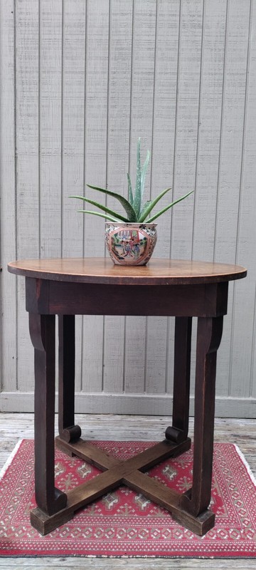 Antique Oak Arts and Crafts Mission Center Table with Scroll feet and X base