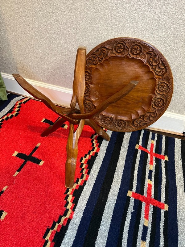 Vintage Wood Carved Side Table with Folding Legs gallery