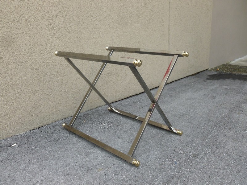 ELEGANT CHIC 1970'S CHROME CAMPAIGN TABLE BASE WITH BRASS FITTINGS gallery