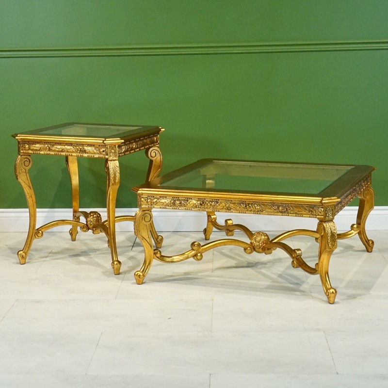 Glass Top French Square Coffee table & 2 side table set Gold Leaf
