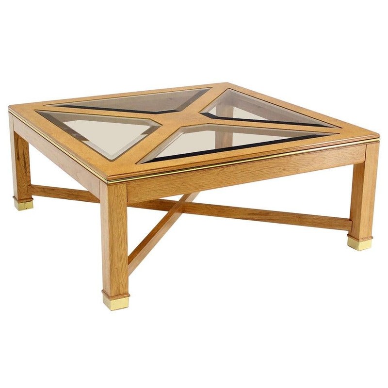 Beveled Smoked Glass Bird’s-Eye Maple Brass Square Legs Coffee Table MINT!
