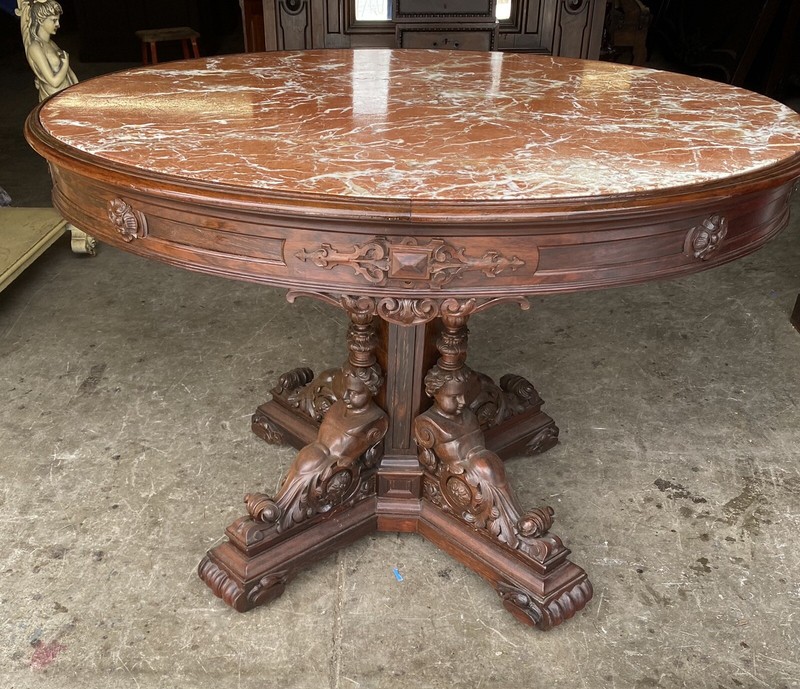 ROSEWOOD FIGURAL MARBLE TOP TABLE
