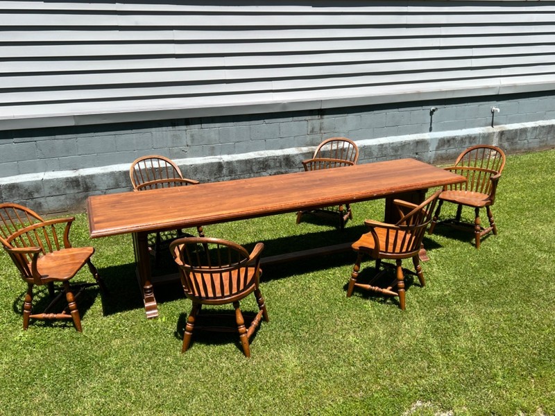 ~OLD~ WOOD “GLOBE WERNICKE” 10 FEET LONG LIBRARY-HARVEST TABLE W/ BARREL CHAIRS