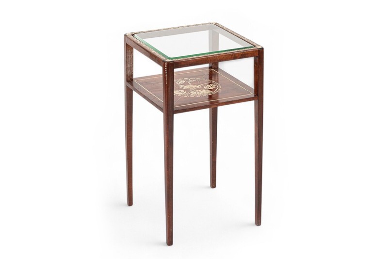 Small Antique French Art Nouveau Handpainted Mahogany Wood & Glass Side Table