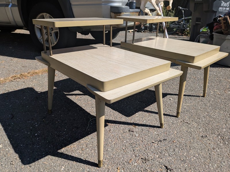 VTG Pair Mid Century Modern Laminate End Table Nightstand 2 Tier Blonde White gallery