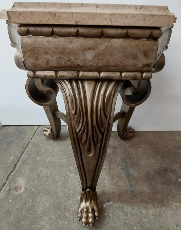 vintage Mid Century Modern silvered iron and marble end table with claw feet gallery