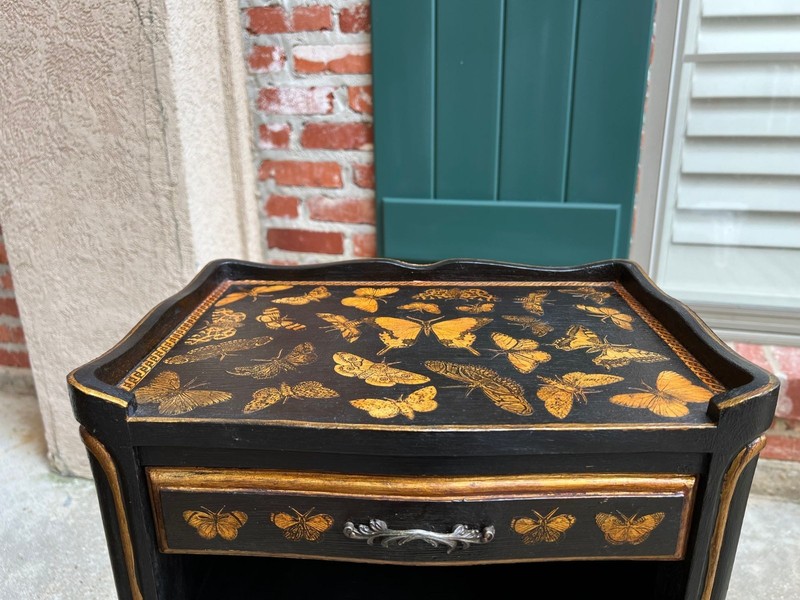 PAIR French Bedside Cabinets Chinoiserie Butterfly Gilt Lacquer Tables gallery