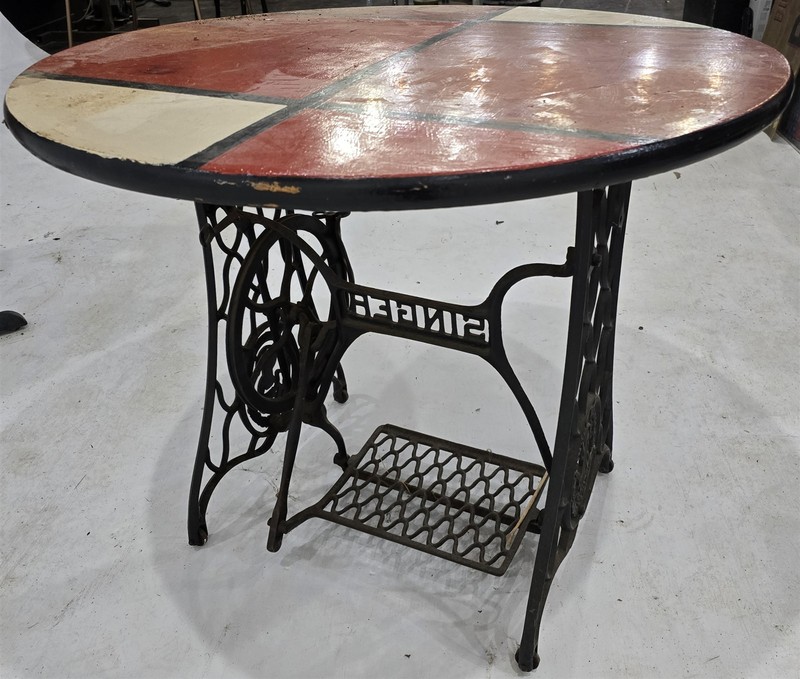 Vintage Cafe Dining Kitchen Round Table on Cast Iron Singer Treadle Base Awesome gallery