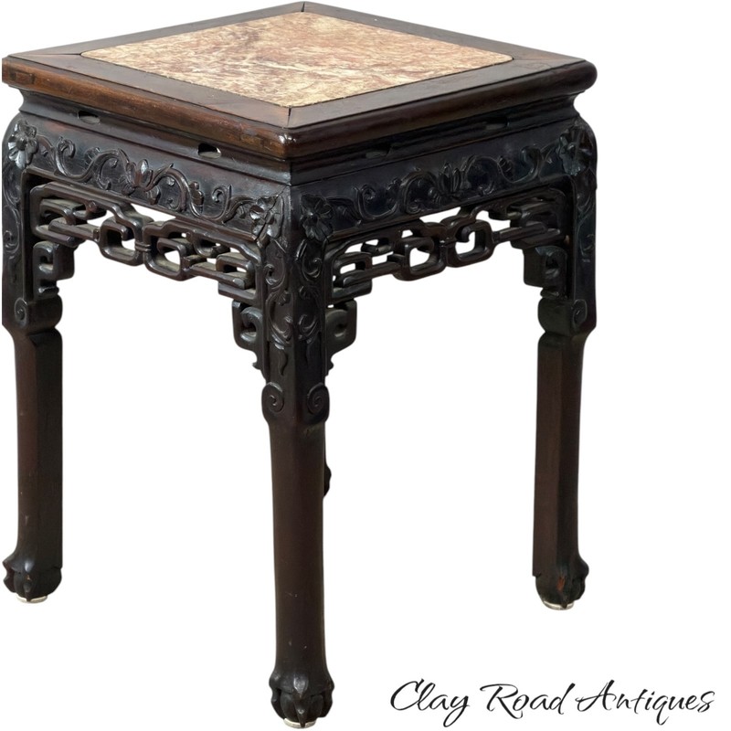 Antique Chinese rosewood victorian rose marble top plant stand pedestal ornate gallery