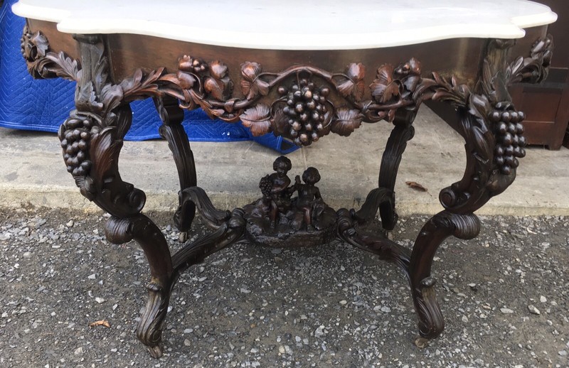 J. H. BELTER CARVED ROSEWOOD MARBLE TOP TABLE