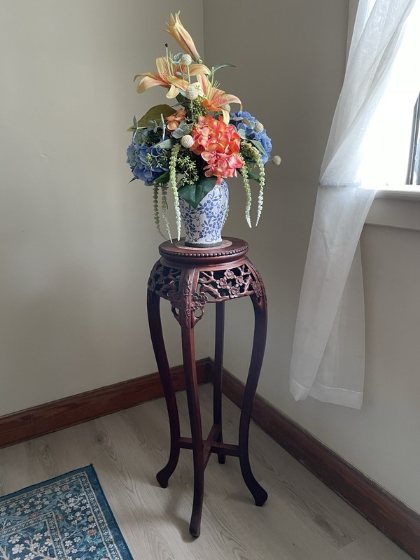 Vintage Chinese Rosewood With Marble Top Plant Stand Side Table Pedestal Carved