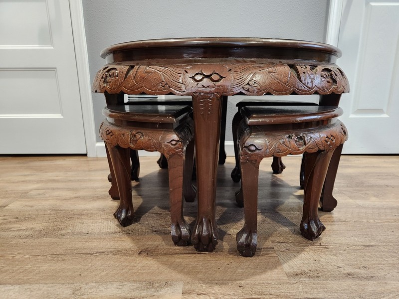 Antique Oriental Coffee Table With Glass Top and 4 Stools gallery
