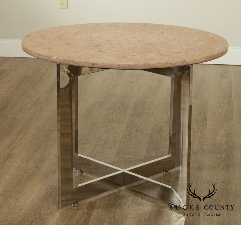 Mid Century Modern Chrome Base 36" Round Marble Top Side Table gallery