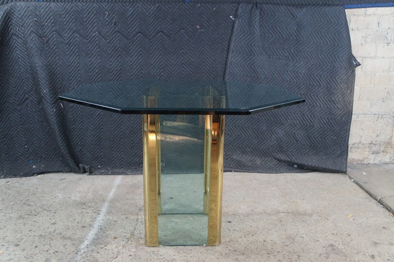 Hollis Jones Style Hollywood Regency Beveled Glass Brass Dining Breakfast Table gallery