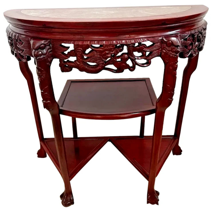 Vintage Demilune Console Table Three lower shelves carved claw feet Etagere
