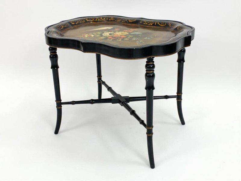 19th Century Hand Painted Tole Tray Top and Bamboo Base Coffee Table gallery