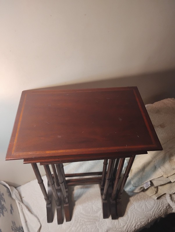 Antique Mahogany Inlaid Wood 3 Nesting Tables Orig Finish Lg Table 24"T 16"L 11" gallery