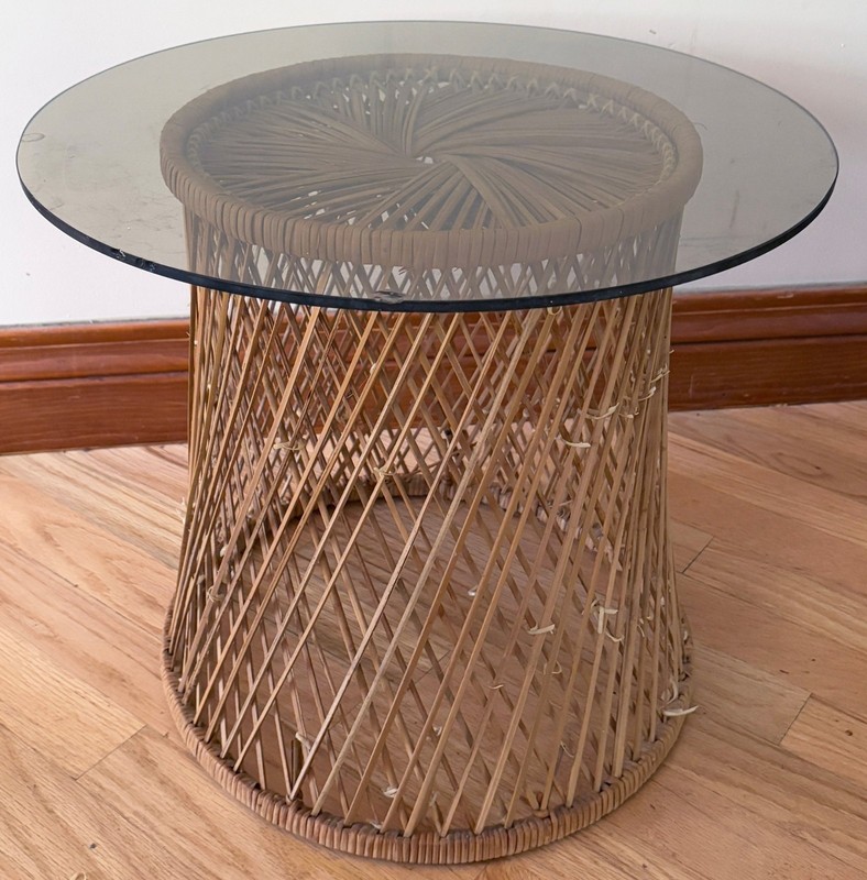 Vintage 1970s Smoked Glass Round End Table with Wicker Rattan Drum Base