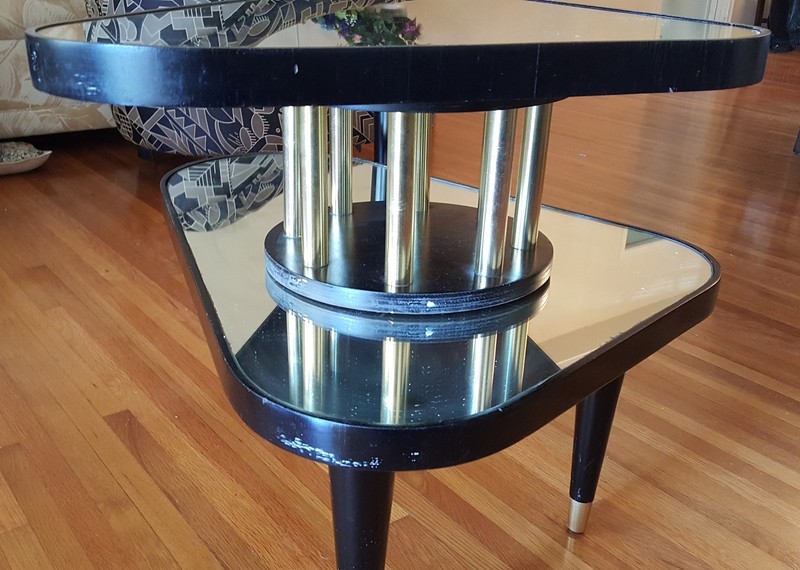 VINTAGE ANTARES TRIANGULAR EBONIZED LACQUERED MIRROR TOP SWIVEL SIDE TABLE gallery