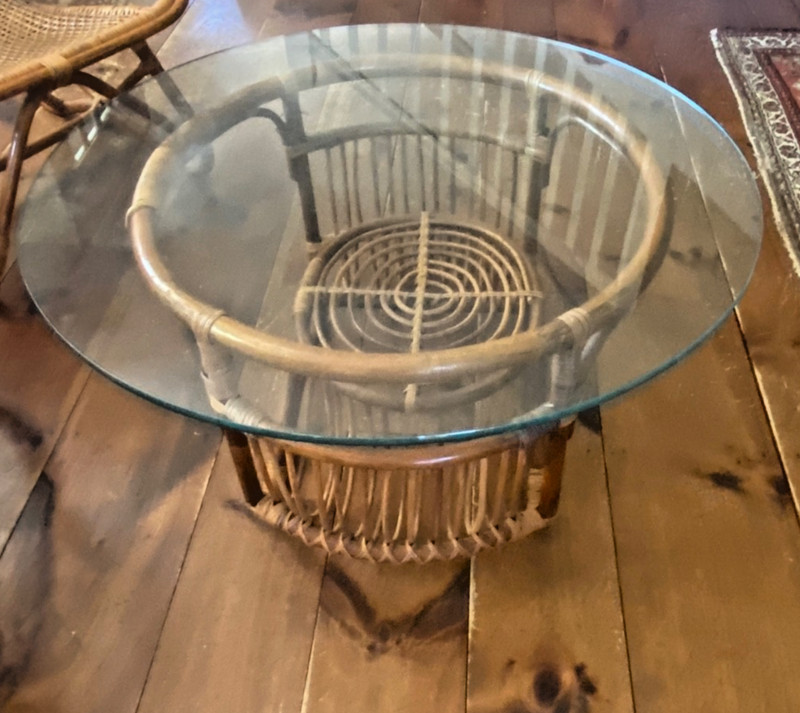 Vtg rattan Glass Coffee Table (chairs sold separately) MCM Albini Style 30"D gallery
