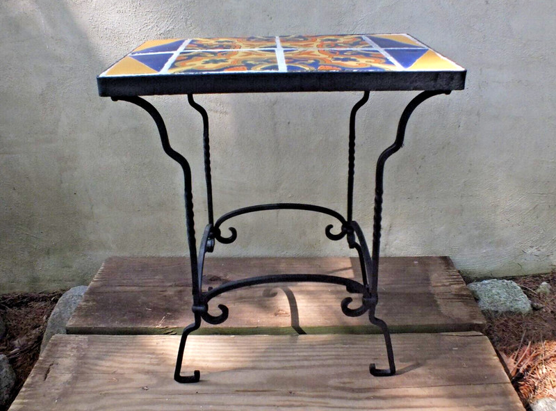 C1929 Hispano Moresque Spanish Revival Tile Top Table with Wrought Iron Base gallery