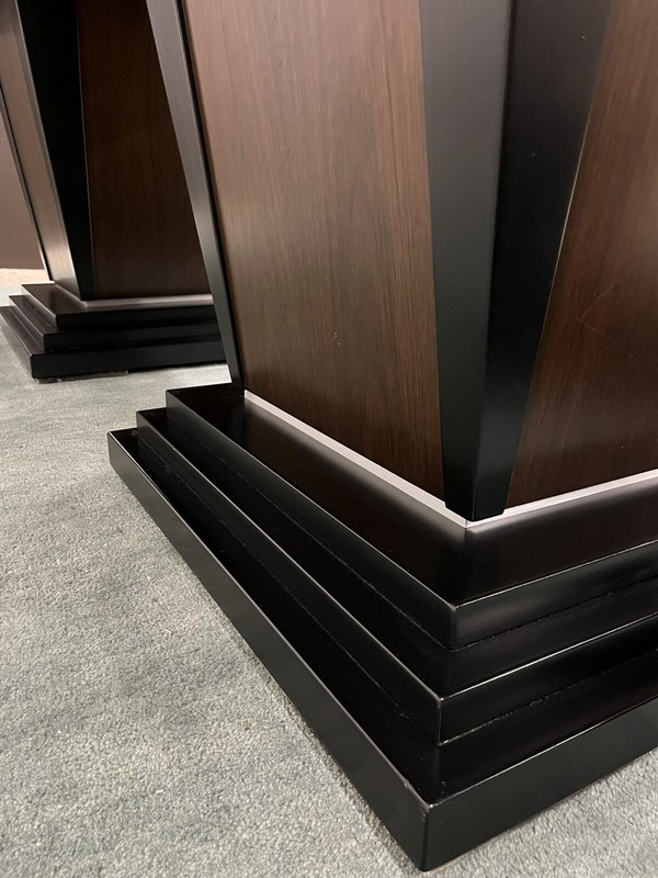 Custom Walnut Art Deco Pedestal Dining Table for 12; Stainless Inlay; 84"-129" gallery