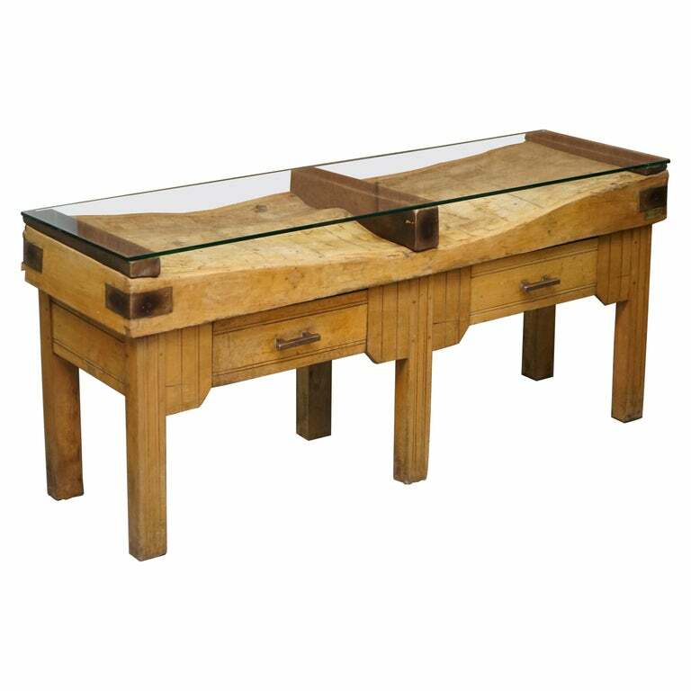 RESTORED CIRCA 1920’S HENNES FRANCE BUTCHERS TABLE BRONZED MOUNTS GLASS TOP