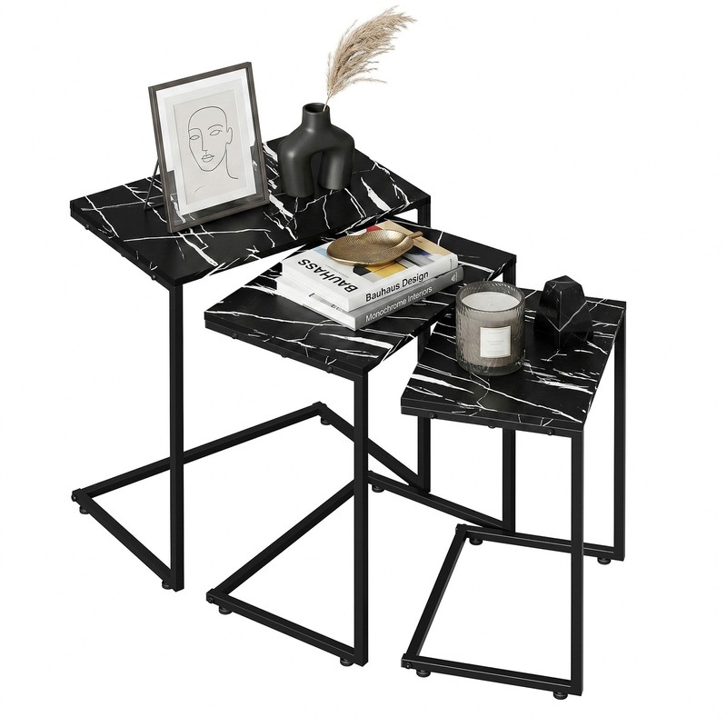 Coffee Table Nesting Side Set of 3 End Table Top Black Metal Frame Living Room gallery