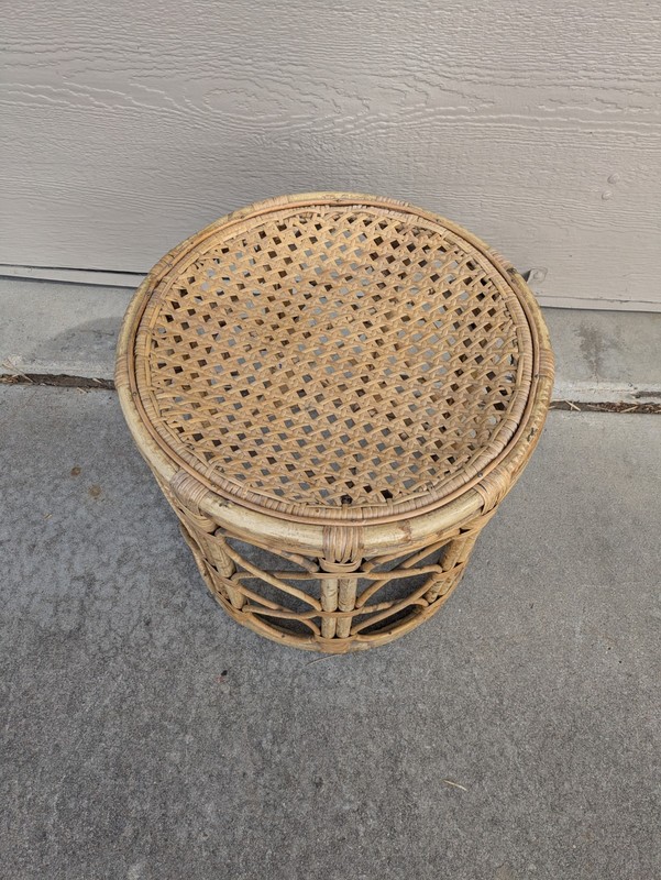 Vintage Asian Boho Chic Bamboo Rattan Cane Round Side Table Plant Stand Stool gallery