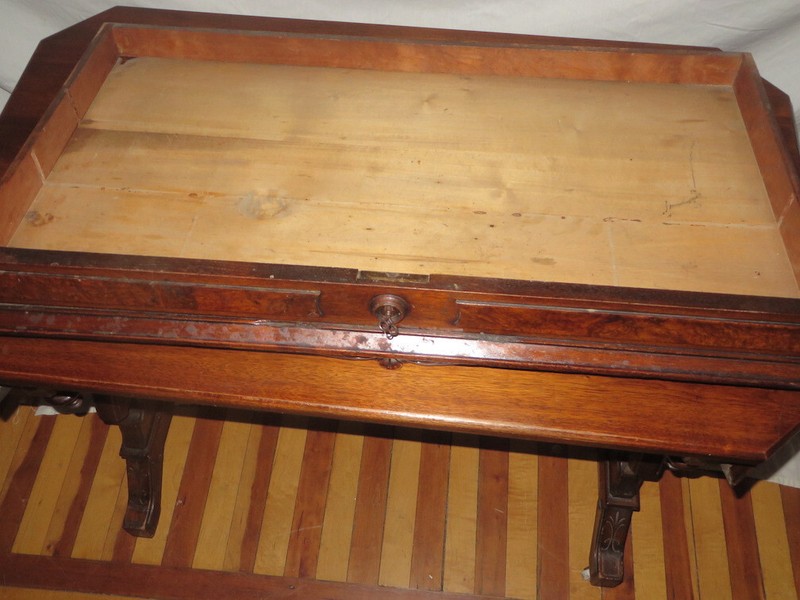 Victorian Renaissance Revival Library Desk Table - Burl Wood, Drawer w/Lock gallery