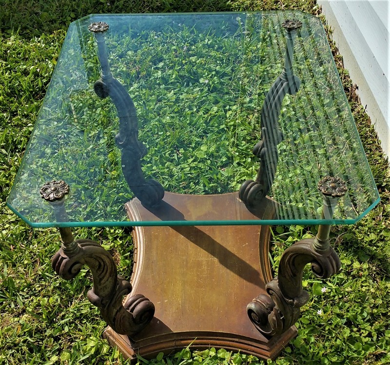Vtg Weiman Heirloom Quality Side End Table Hand Carved Wood Glass Brass gallery