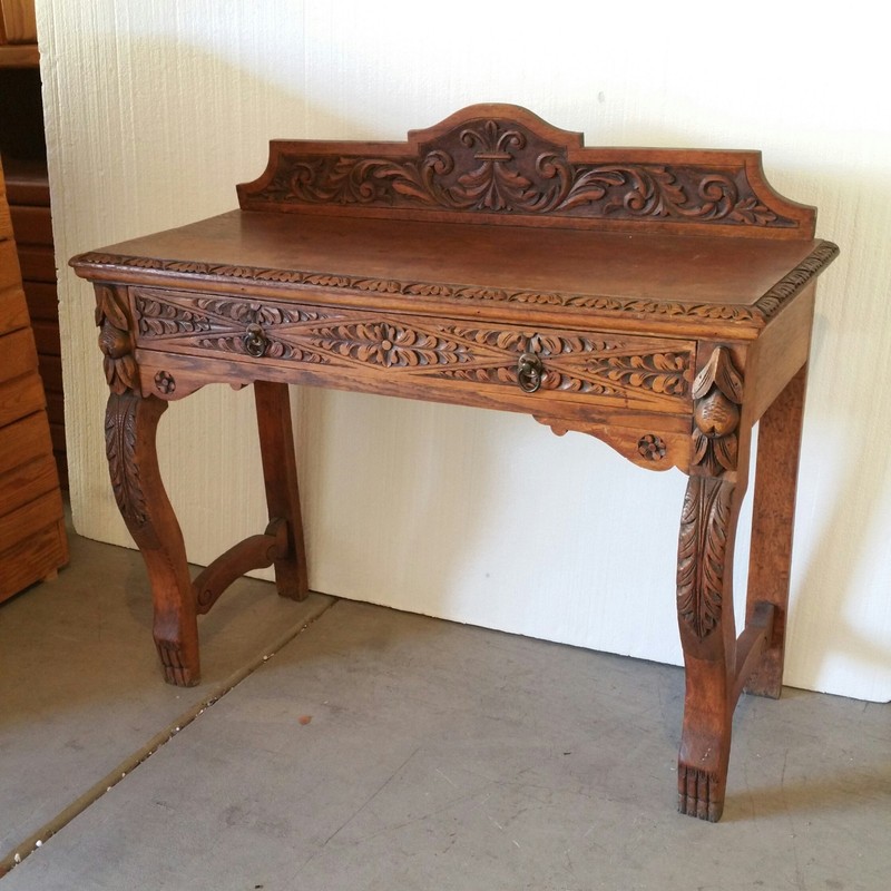 Antique Table Foyer Entry Table Beautiful Hand Carved Wood Large Center Drawer