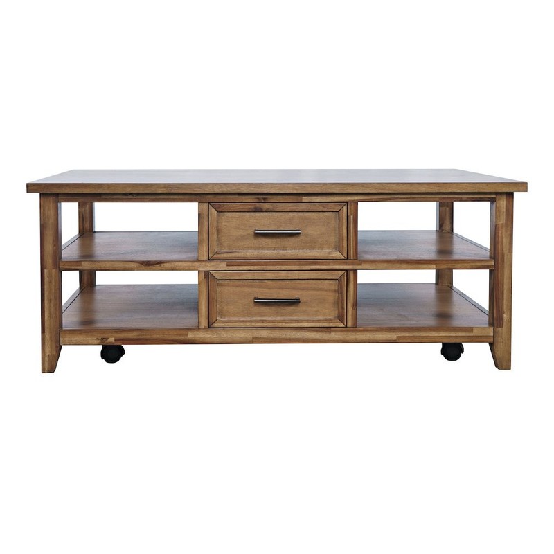 Claremont 48" Transitional Rustic Wood Coffee Table with Wheels