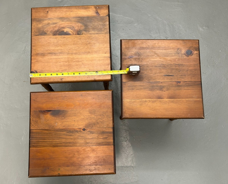 Set 3 KNOTTY PINE WOOD SIDE TABLES Spindle Legs Woodgrain VTG Furniture 15" SQ gallery