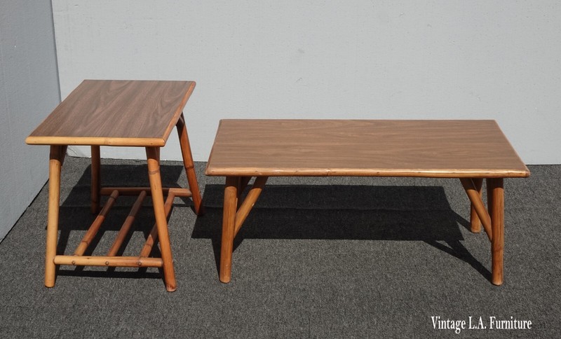 Set Vintage Mid Century Modern Bamboo Coffee Table and End Table w Laminate Top