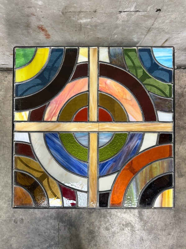 Vintage Stained Glass Side Table Wrought Iron Base Geometric Top gallery