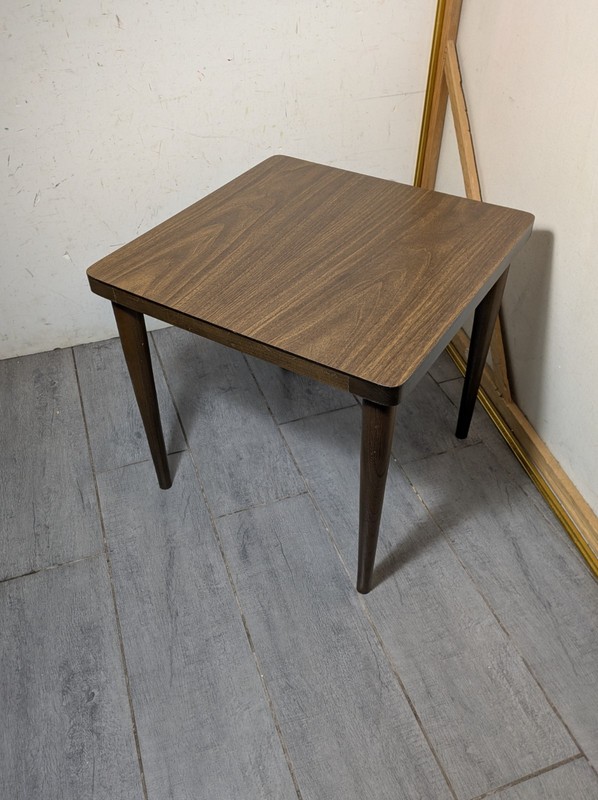 Vintage Mid Century Modern Atomic Formica Walnut Wood Square Side End Table H95 gallery