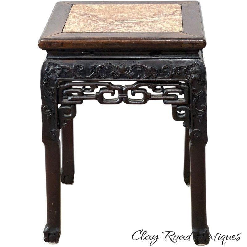 Antique Chinese rosewood victorian rose marble top plant stand pedestal ornate gallery