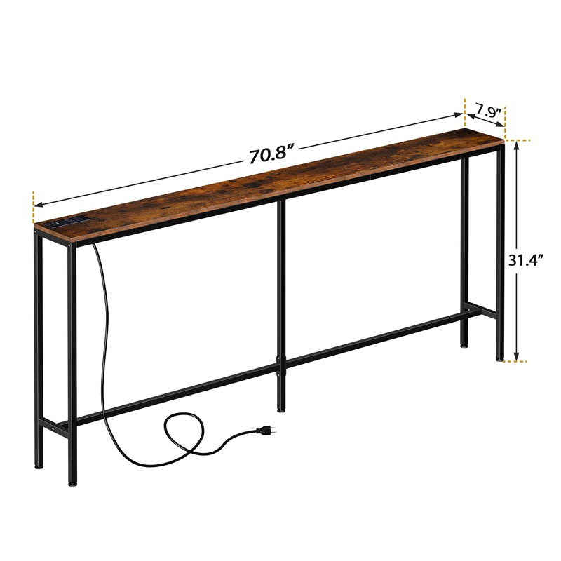 Console Table with Power Outlet Narrow Sofa Table 70.8" Behind Couch Table Brown gallery