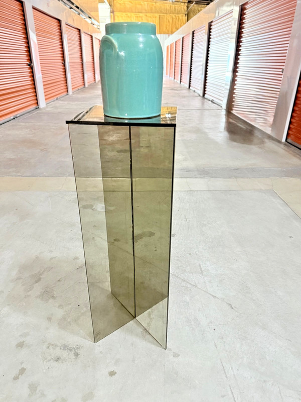 MCM Postmodern Smoked Glass 37" Crossed Pedestal Table Paul Mayen Style 1970s gallery