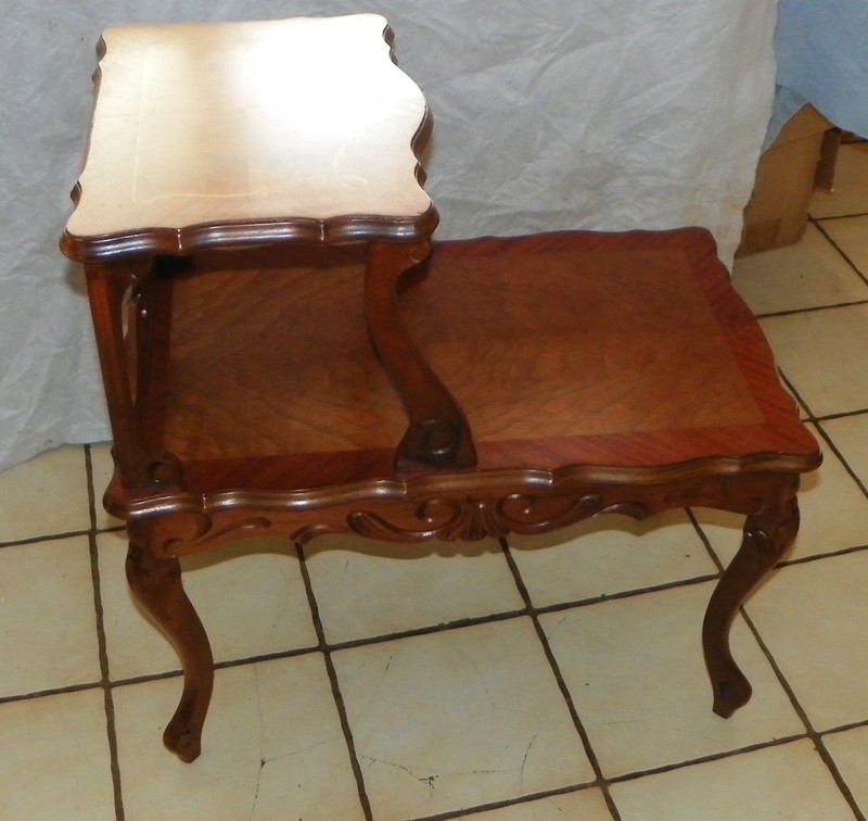 Mid Century Walnut Carved Inlaid Book Matched Veneer Step End (SET-24) gallery