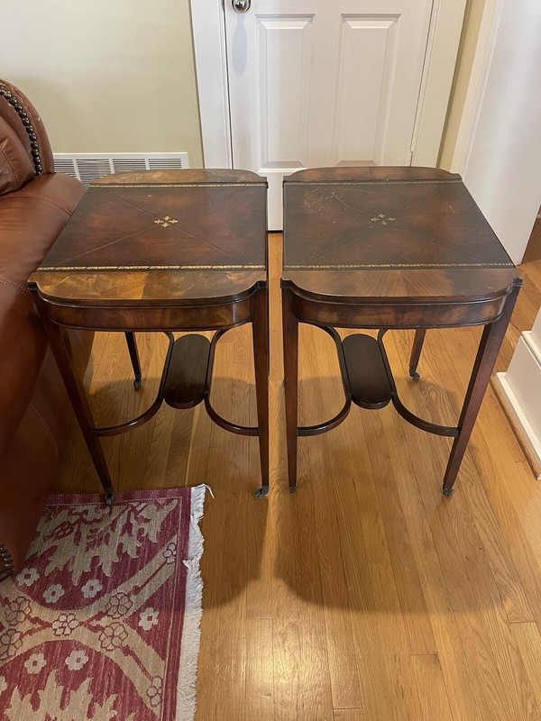 Pair Mid Century Regency Weiman Tooled Leather Top Mahogany Side Tables on Wheel