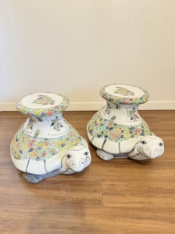RARE! Set Of 2 MCM Hollywood Regency, Hand Painted Turtle Garden Tables gallery