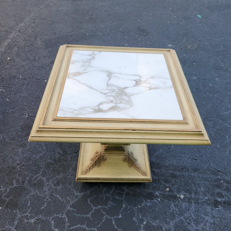 VTG Provincial Style Side Table Carved Pedestal Wood Base with Square Marble Top gallery